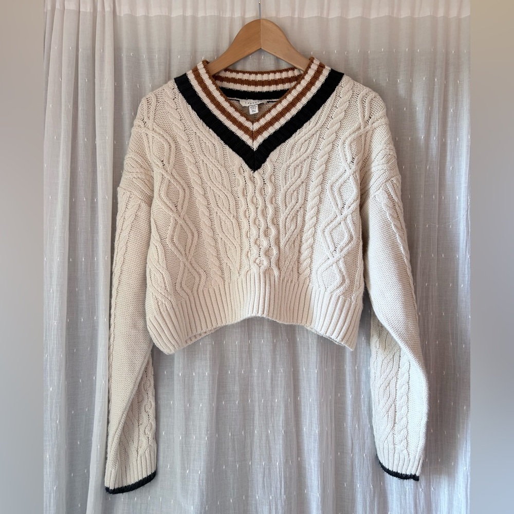 Topshop V-Neck Cable Knit Sweater - Cream and Brown